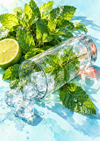 Clear highball tipped on its side among mint leaves, a cut lime, ice cubes, and droplets on pale aqua.