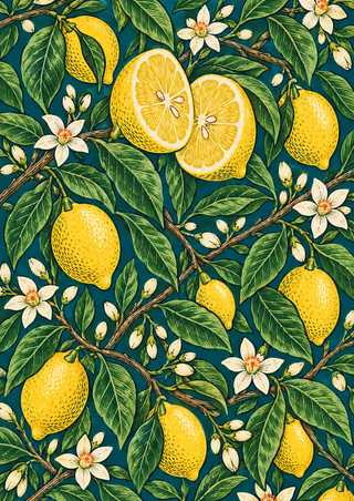 A dense repeating pattern of lemon branches, whole lemons, two cut halves, leaves, blossoms, and buds on a deep teal-green background.