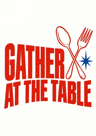 Bold red GATHER AT THE TABLE lettering with crossed serving utensils and a blue starburst on warm white.