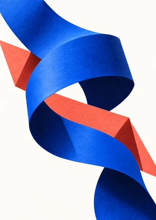 A broad cobalt-blue ribbon twists through an open loop as a coral-red strip crosses behind it on a warm-white background.