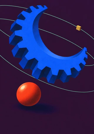 Dimensional cobalt crescent gear floating above a red-orange sphere on a deep plum ground, crossed by curved mint lines and a small gold square.