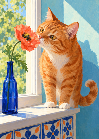 Ginger tabby leaning toward a coral poppy in a cobalt-blue bottle on a tiled windowsill, with a bright window behind.