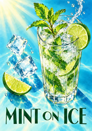 Faceted glass of sparkling liquid with ice, lime slices, and mint, beside a lime wedge and floating ice cubes; MINT ON ICE lettering below.