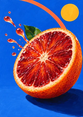 Large halved blood orange with glossy red-orange segments and a green leaf, surrounded by upward-sweeping juice droplets on cobalt blue.