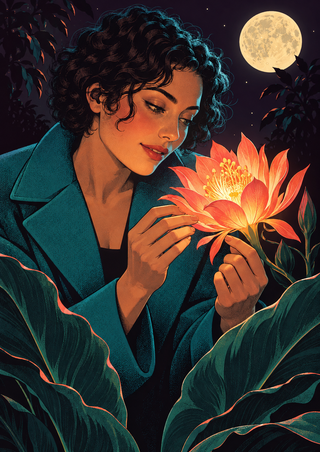 Woman in a teal coat studying a glowing coral flower against dark foliage and a full moon.