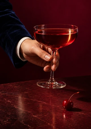 Hand in a dark blue sleeve raising a ruby-red cocktail coupe above a reflective table, with a red cherry below.