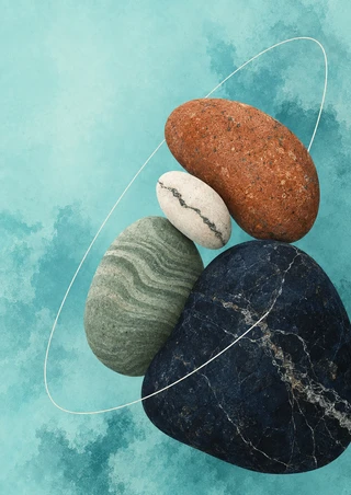 Four navy, terracotta, sage, and pale textured stones crossed by a thin ellipse on an aqua background.