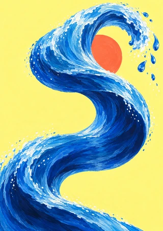 A cobalt-blue curling wave wraps around a coral-orange sun on a lemon-yellow background, with scattered droplets.