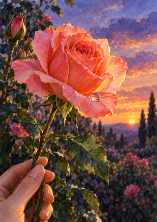 A hand supports a large coral-pink rose with a dew bead and smaller bud against a glowing sunset garden.