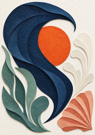Layered indigo wave curls around an orange-persimmon disc, with green, pale, and coral cut-paper shapes on an off-white ground.