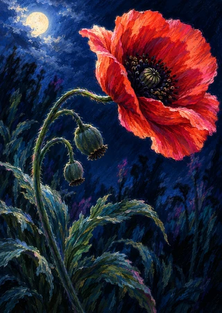 A coral-red poppy with a dark center bends on a curved stem beside two hanging seed pods and sweeping foliage beneath a pale moon.