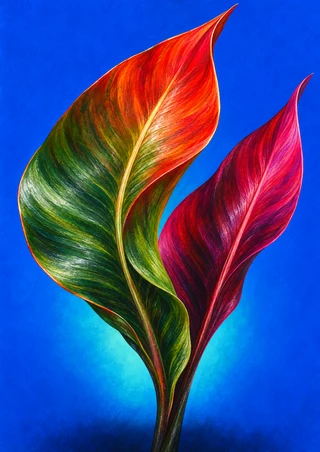 Two large pointed leaves with glossy green-to-red and magenta color transitions against a saturated electric-blue background.