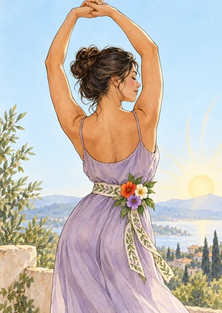 A woman viewed from behind stretches with clasped hands overhead, wearing a lavender dress and floral embroidered sash.