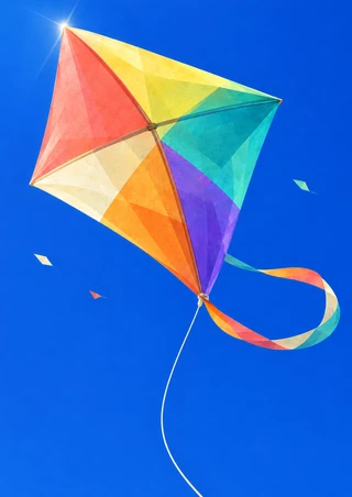 Large multicolored faceted kite tilted across a cobalt-blue field, with a looping ribbon tail, fine line, and three small floating shapes.