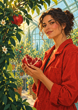 Adult woman in a red work jacket holding a split pomegranate in a bright greenhouse, with a whole pomegranate, green leaves and white blossoms nearby.