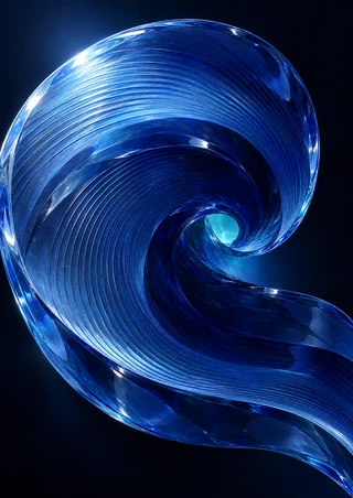 Luminous cobalt and indigo spiral form with parallel grooves, reflective blue-white edges, a small aqua-lit opening, and dark navy background.