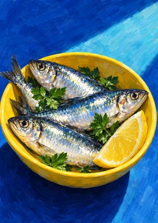 Three overlapping silvery-blue fish in a bright yellow bowl with a lemon wedge and parsley against blue.