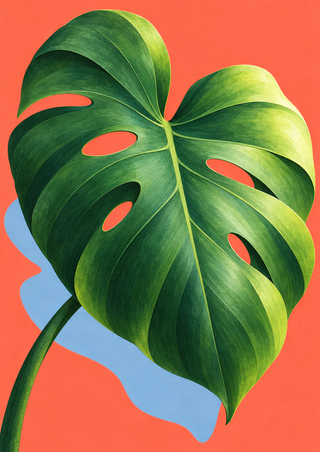 Oversized green monstera leaf with a curved stem and prominent openings against a saturated coral field and pale-blue shape.