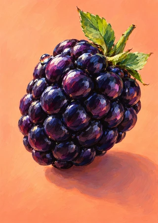 Oversized glossy blackberry with violet and magenta drupelets, green leaves, a small bright highlight, and a curved shadow on peach.