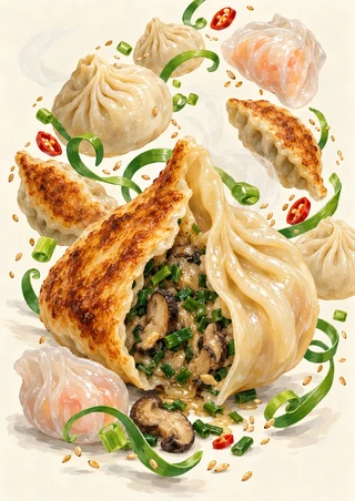Illustrated opened pleated dumpling surrounded by steamed, translucent, and pan-seared dumplings, scallions, sesame seeds, and chili.