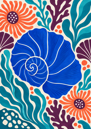 Large cobalt spiral shell with white rib lines among stylized turquoise sea plants, plum anemone-like shapes, and coral-orange accents.