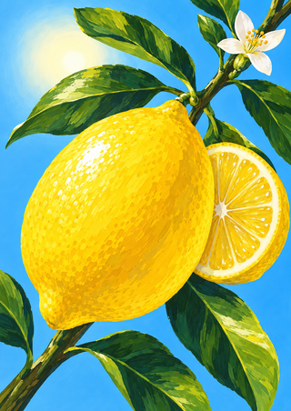 Large ripe yellow lemon beside a cut lemon half, surrounded by glossy green leaves and a white blossom against bright blue.