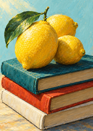 Three yellow lemons and a dark-green leaf resting on a stack of teal, vermilion and warm-white hardback books.