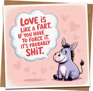 Funny Donkey Love Fart Greeting Card – Adult Humor – 145mm x 145mm – Blank Inside – Kraft Envelope – Valentines, Anniversary, Birthday Card for Him or Her