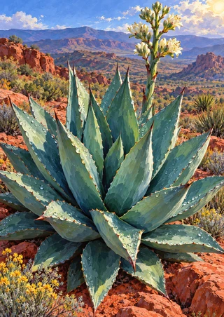 Large blue-green agave-like rosette covered in droplets, with a flowering stalk, red rocks and distant desert hills.