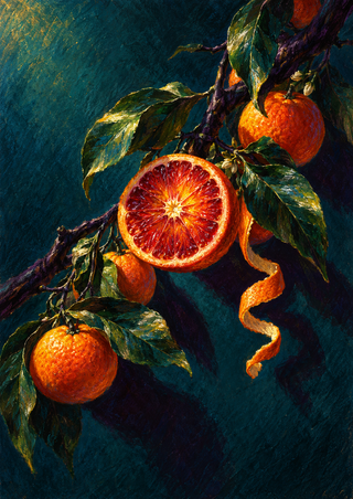 Halved blood orange among whole oranges, glossy leaves, and curling peel on a dark diagonal branch against a teal background.
