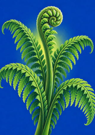 A large green fiddlehead fern with a prominent curled shoot and arching mature fronds against a saturated blue background.