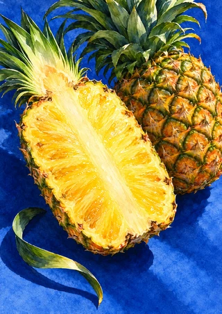 A golden pineapple cut lengthwise in front of a whole crowned pineapple, with a curled leaf on a vivid blue surface.