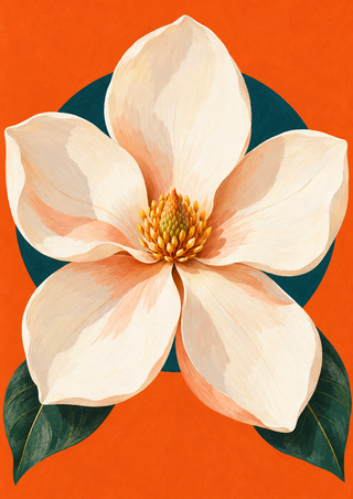 Large ivory magnolia-like flower with a golden center and dark green leaves against an orange background and teal circular halo.
