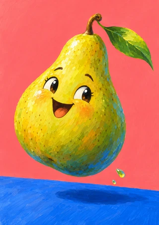 Smiling golden-green pear with cartoon eyes and an open mouth floating above a cobalt-blue surface against a coral-pink background, with a trailing green leaf and two droplets.