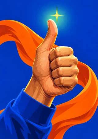 Large upright hand in a cobalt-blue sleeve makes a thumbs-up gesture against a vivid blue background, with an orange ribbon-like sweep and a gold four-point sparkle above the thumb.