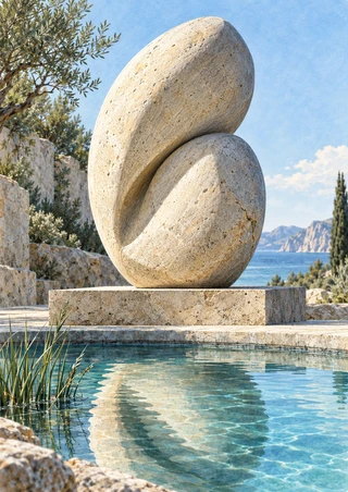 A pale sculpture of two rounded interlocking stone forms on a rectangular plinth beside a pool, with grasses, trees, and distant coast.