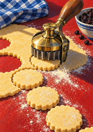 A brass-and-dark-metal rotary cutter presses into rolled dough, with scalloped rounds, scattered flour, checked cloth, and dark currants.