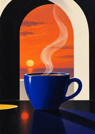 Oversized cobalt cup with curling steam beneath an arched orange-red sunset window, above a dark counter with a long blue-violet shadow.