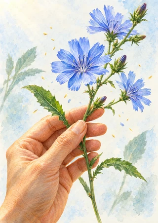 Hand holding a branching green stem with blue flowers, serrated leaves, and unopened buds against a pale background.
