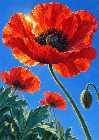 Large scarlet poppy with a dark center, two smaller red blooms, and a drooping bud against a bright blue sky.
