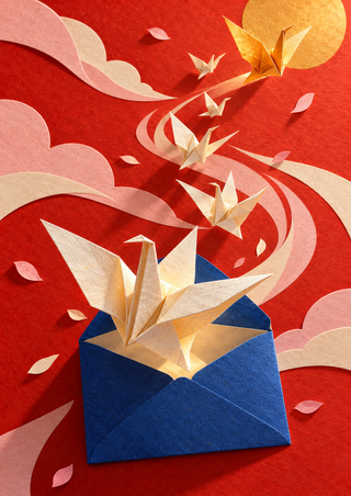 Folded paper cranes rise from an open dark-blue envelope against a red background with sweeping cream and pink shapes and a gold disc.