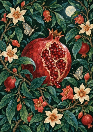 Open red pomegranate with glossy seeds surrounded by foliage, blossoms, additional fruits, two moths, and a pale moon.