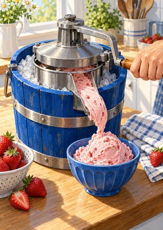 Blue hand-cranked ice-cream maker dispensing pink ice cream into a bowl beside strawberries and a checked towel.
