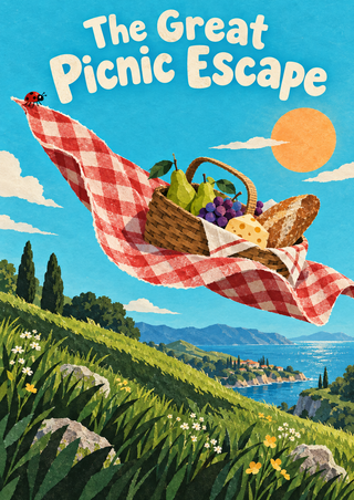 Checked picnic cloth billowing like a sail with a basket of picnic food and a ladybug above a green coastal hillside and sea; title lettering reads “The Great Picnic Escape.”