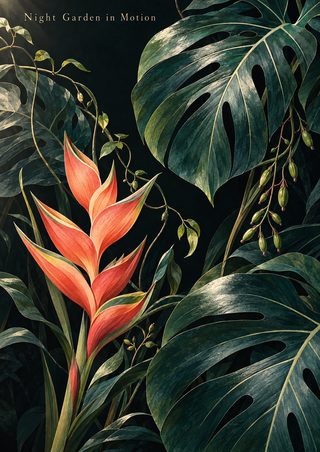 Coral-orange heliconia-like flower among large split leaves against a deep blue-green background, with the title Night Garden in Motion near the top.