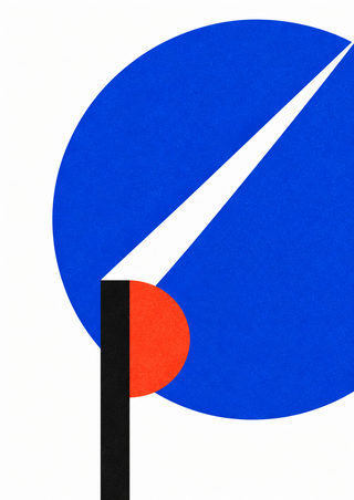 Cropped cobalt-blue disk crossed by a white diagonal wedge, with a partly covered vermilion semicircle and black vertical bar on white.
