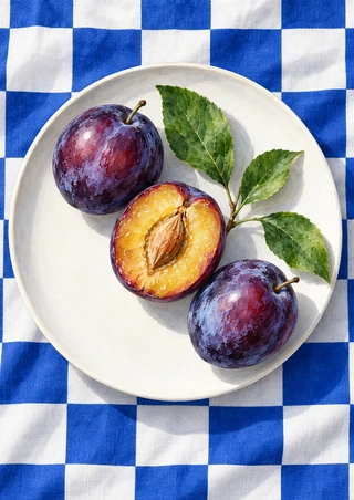 Three purple plums, including one cut open, sit on a white plate over blue-and-white checkerboard cloth with green leaves.