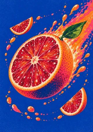 Large sliced blood orange with a green leaf and smaller citrus wedges streaking across a cobalt-blue background.