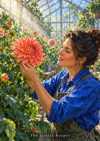 Adult gardener in a blue shirt tending a large coral-pink dahlia inside a sunlit greenhouse, with “The Dahlia Keeper” along the bottom.