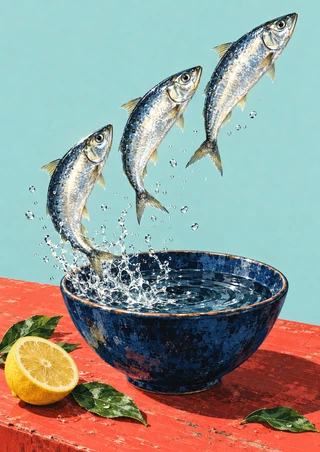 Three silver fish leaping above an indigo bowl with splashing water, a cut lemon, and leaves on a coral tabletop.
